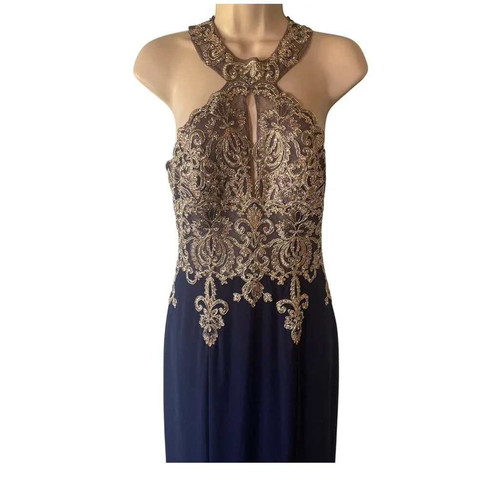 Xscape Crystal‎ Embroidered Racerback Gown in Blue/Gold Size 6 Prom Formal